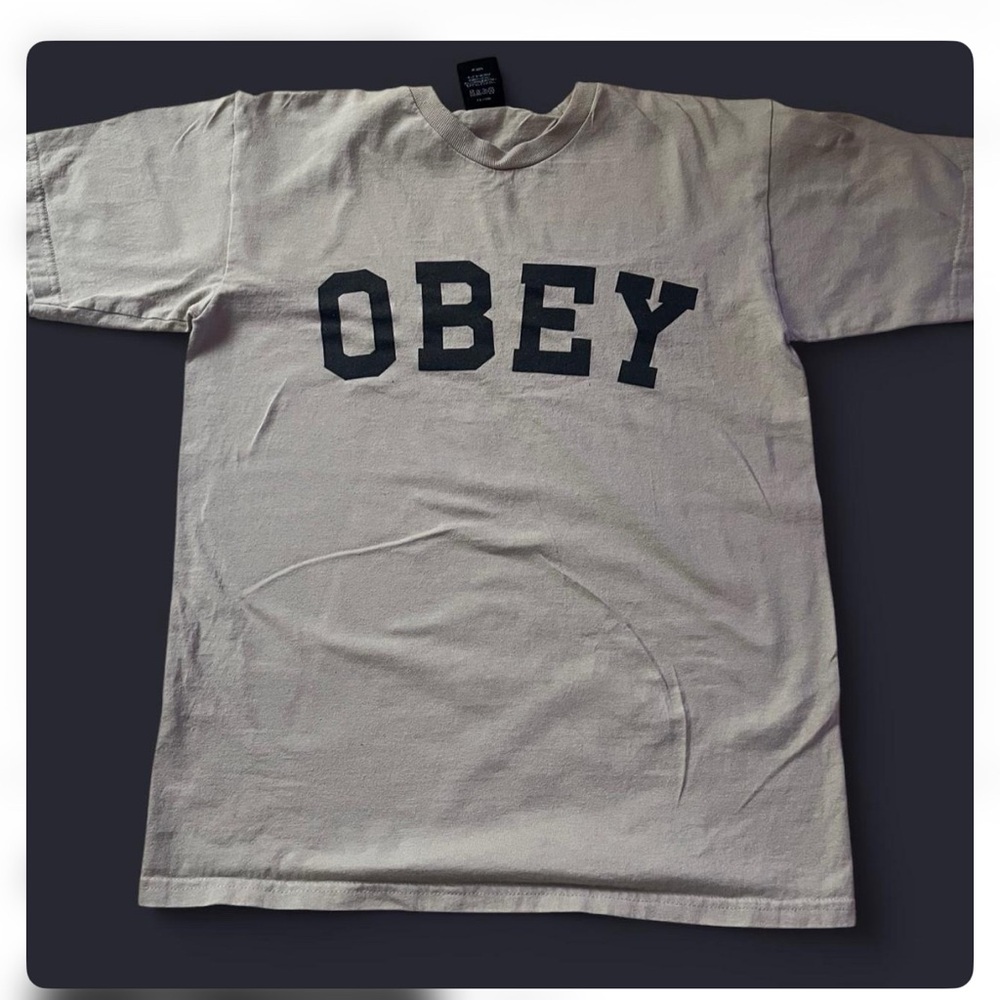 Obey Men's Beige T-Shirt with Black Logo